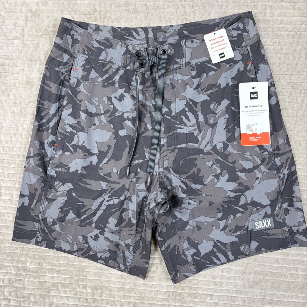 SAXX Betawave 2N1 Board Shorts Mens 28 Grey Camo DropTemp BallPark Pouch 17in